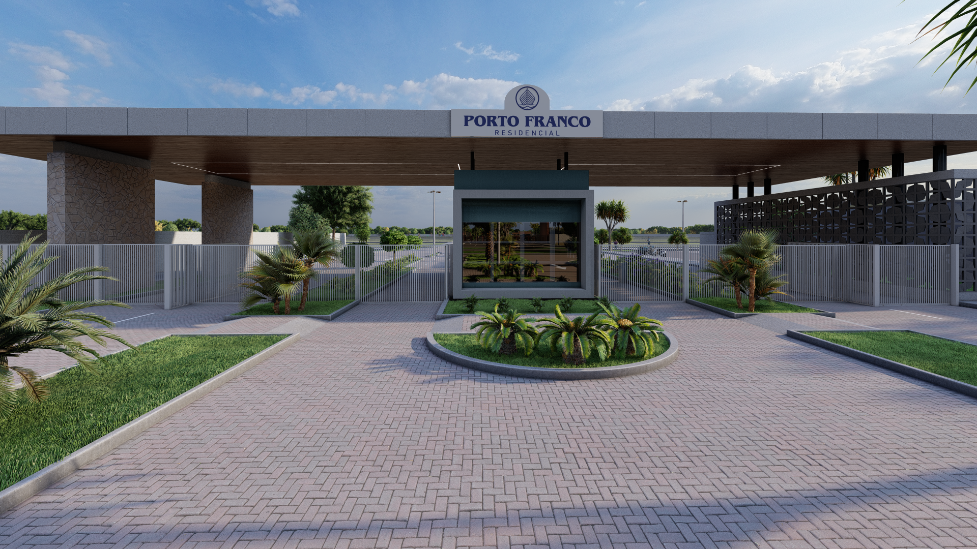 Perspectiva da portaria do Porto Franco Residencial
