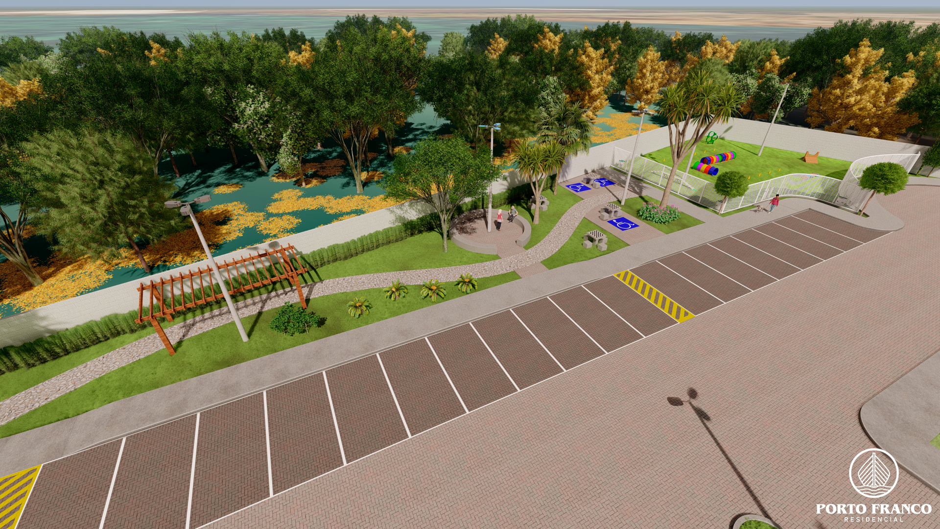 Passeio arborizado com espaço pet